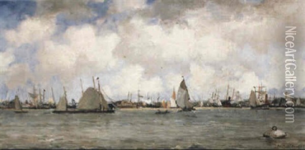A Busy Harbour Oil Painting - Johan Hendrik van Mastenbroek