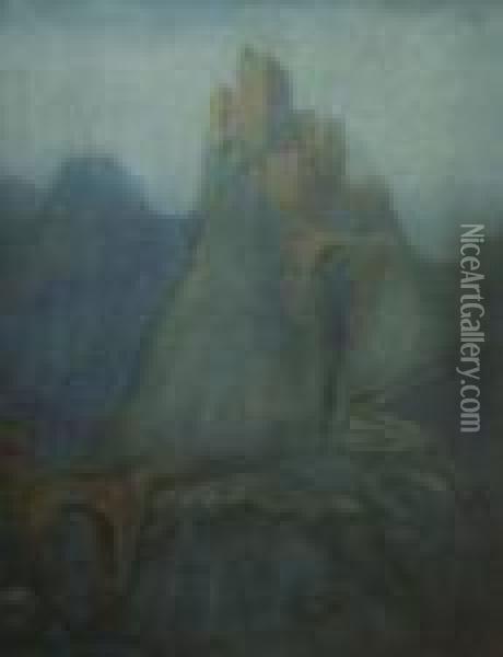 Mystical Mountain Castle With Bridge Over Gorge Oil Painting - Arthur Rackham