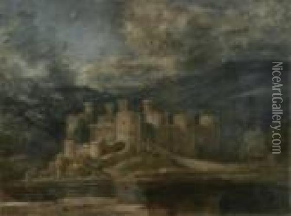 Castle In A Stormy Landscape Oil Painting - John Linnell
