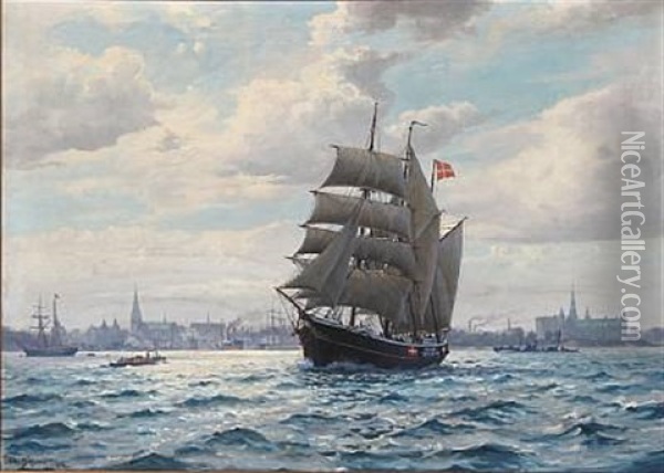Seascape With Sailing Ships At Helsingor Harbour, Denmark Oil Painting - Christian Benjamin Olsen
