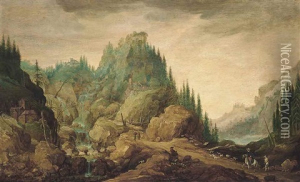 A Mountainous Wooded River Landscape With A Waterfall And Buildings, Figures, Horsemen, A Goatherd And Goats On A Path Oil Painting - Joos de Momper the Younger
