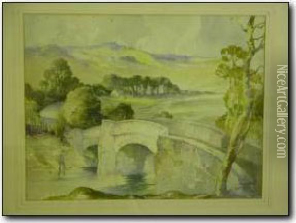 Stone Bridge With Fisherman And Distant Moors Oil Painting - John Wilson