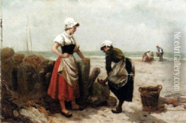 Fisherfolk On The Beach Oil Painting - Francisco Miralles y Galup