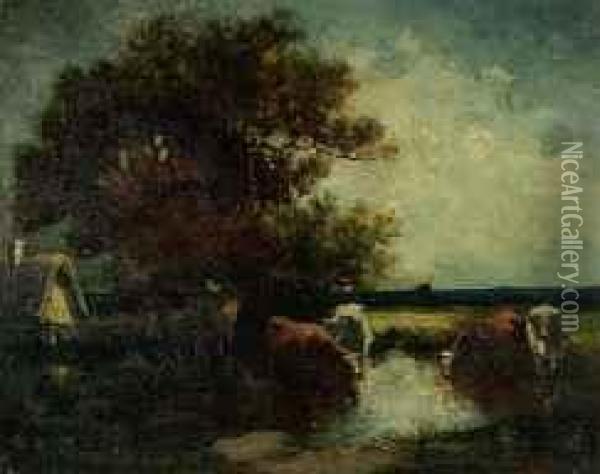 Kuhe Am Teich Oil Painting - Pierre Desire Eugene Franc Lamy
