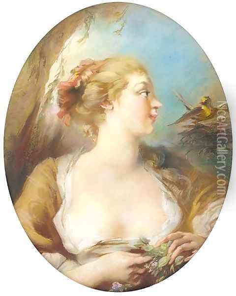Portrait of a lady, half length, listening to a songbird Oil Painting - French School