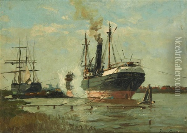 Cargos Au Mouillage Oil Painting - Franz Courtens