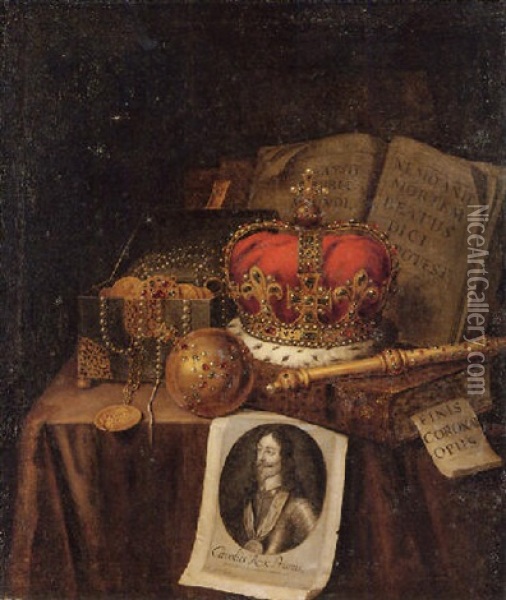 A Vanitas Still Life Of A Crown, An Orb, A Sceptre, A Casket Of Coins And Jewwels, Together With Books And An Engraving Oil Painting - Edward Collier