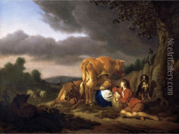 A Dairy-maid Milking A Cow At The Foot Of A Tree, A Boy And A Spaniel Looking On Oil Painting - Adrian Van De Velde