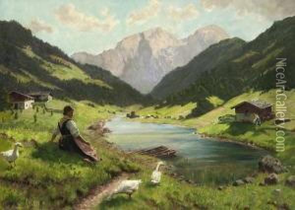 Junge Gansehirtin Am
 Gebirgssee. Oil Painting - Emil Rau