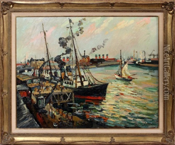 Dock Scene With Sailboats & Steamship Oil Painting - Pierre Dumont