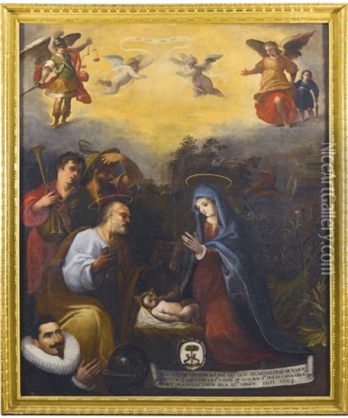Adoration Of The Shepherds With A Portrait Of The Donor Don Juan De Villela Nuncibay At Prayer Oil Painting - Patricio Cajes