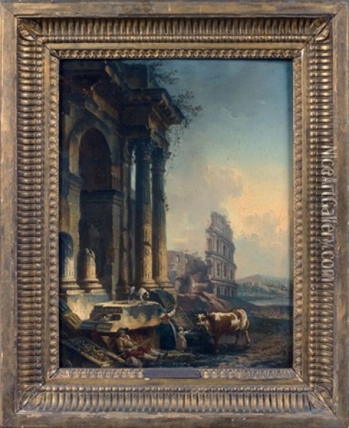 Abreuvoir Dans Des Ruines Antiques, Au Fond Le Colisee Oil Painting - Pierre Antoine Demachy