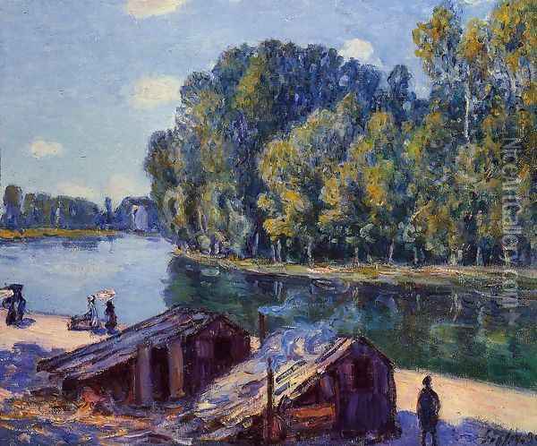 Cabins along the Loing Canal, Sunlight Effect Oil Painting - Alfred Sisley