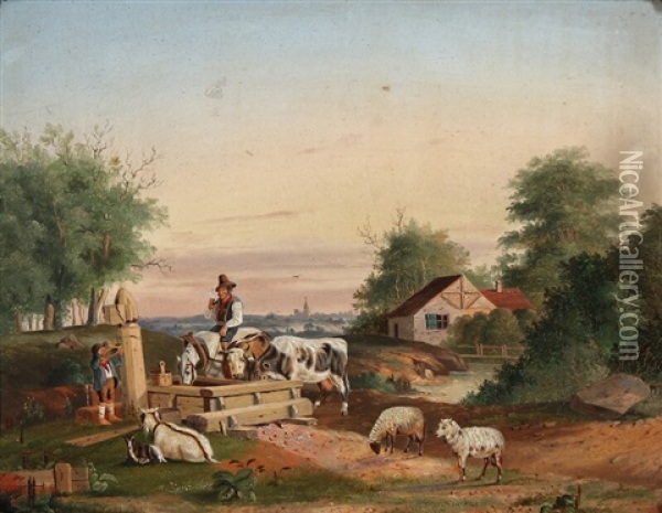 Evening Landscape With Animals At The Well Oil Painting - Vasili Yefimovich Ekgorst