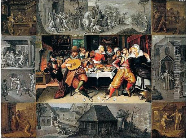 The Prodigal Son Feasting, 
Within A Border Representing Scenes From The Parable Of The Prodigal Son Oil Painting - Frans II Francken