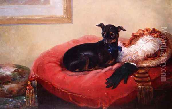 Her Favourite Pet a Manchester Terrier on a red cushion Oil Painting - Thomas Smythe
