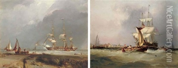 Shrimpers Off Holyhead (+ "homeward Bound": A Dutch East Indiaman Firing A Salute; Pair) Oil Painting - Sir George Chambers