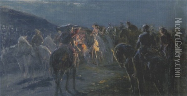 Berittene Halten In Der Nacht Eine Vornehme Kutsche An Oil Painting - Julius von Blaas
