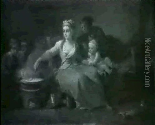 A Mother Seated On The Ground Surrounded By Her Children In An Interior; And A Mother Seated Before A Stove With Her Oil Painting - Jean Preudhomme