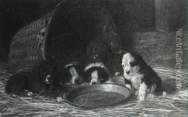 Puppies In A Stable Oil Painting - Franklin Whiting Rogers