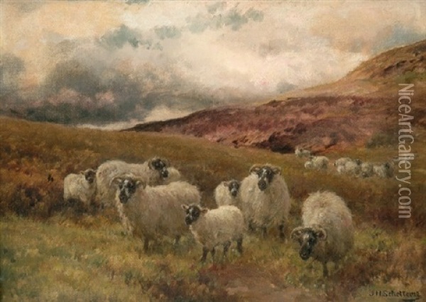 Grazing Sheep On A Hillside Oil Painting - Jan Hendrik Scheltema