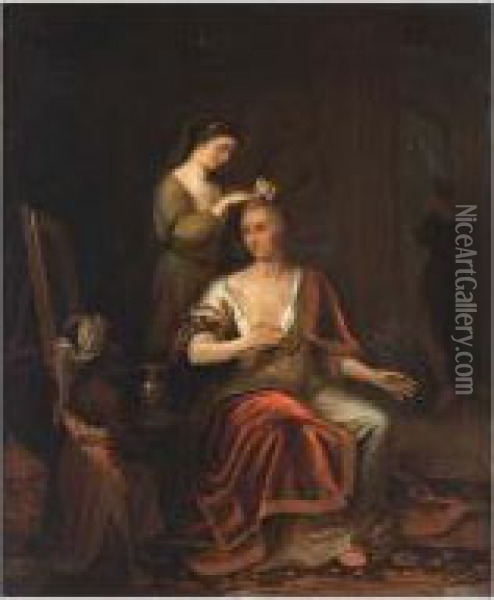 A Lady Making Her Toilet With Her Maidservant Oil Painting - Thomas van der Wilt