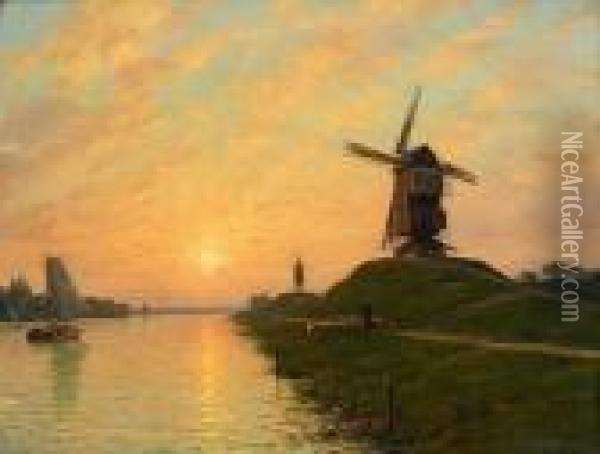 Canal A Dortrecht Oil Painting - Victor Brugairolles