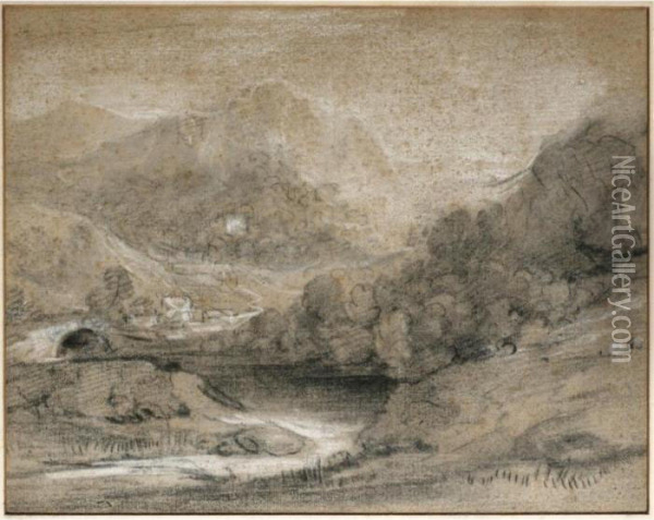Wooded Mountain Landscape With River And Buildings Oil Painting - Thomas Gainsborough