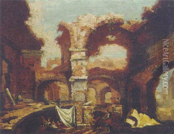 Peasants Amongst Classical Ruins Oil Painting - Giovanni Ghisolfi