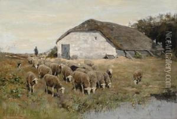 Shepherd With Flock Of Sheep Oil Painting - Hermann Johannes Van Der Weele