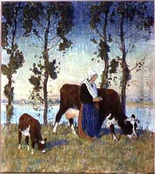 Woman with a Cow and Calf Oil Painting - Thomas Austen Brown