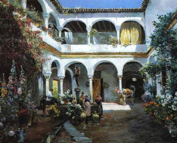 Patio Interior Con Flores Oil Painting - Manuel Garcia y Rodriguez