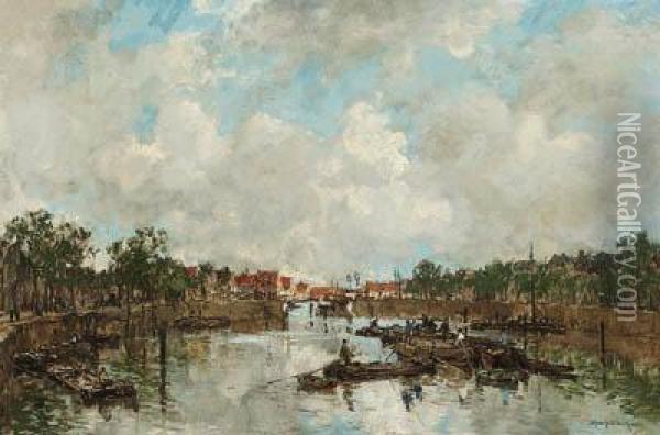 Canal With Barges Oil Painting - Johann Hendrik Van Mastenbroek