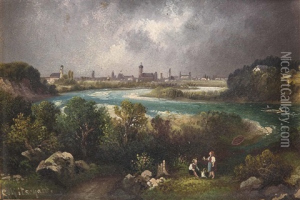 Am Flussufer Der Isar Mit Blick Auf Munchen Oil Painting - Hubert Sattler