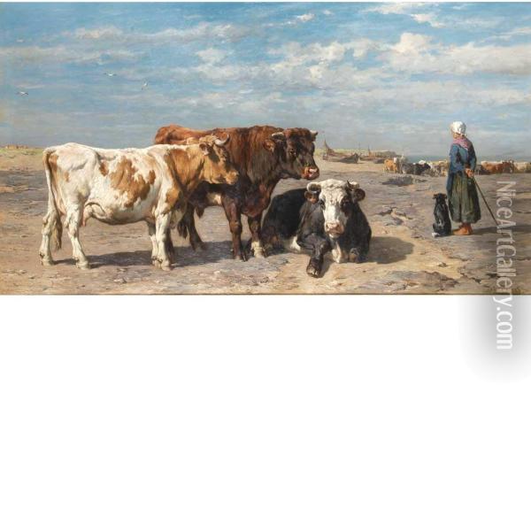 Herdswoman With Cows By The Sea Oil Painting - Johannes-Hubertus-Leonardus de Haas