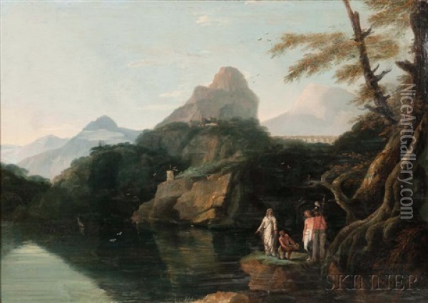 Italianate Landscape With Mountains, River, Ruins, And Foreground Allegori Oil Painting - William Hodges