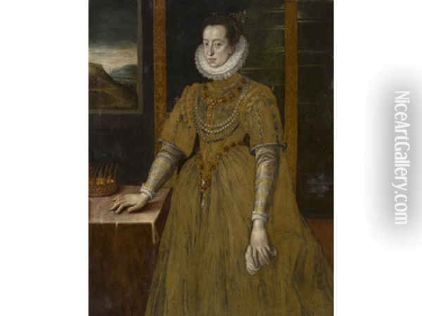A Portrait Of A Noblewoman, Three-quarter Length, Standing, Her Hand Resting On A Table Oil Painting - Alonso Sanchez Coello