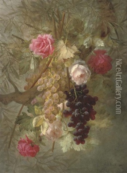 Grapes And Roses Draped Over A Branch Oil Painting - Joseph-Eugene Gilbault