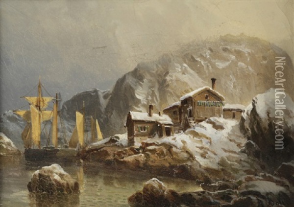 Lagune Med Hus Og Seilskip Oil Painting - Reinholdt Fredrik Boll