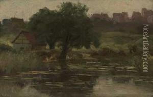 Sommerlicher Teich Am Stadtrand Oil Painting - Karl Peter Burnitz