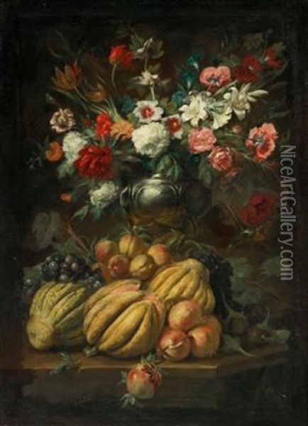 Flowers In A Vase And Fruit On A Table Oil Painting - Abraham Brueghel