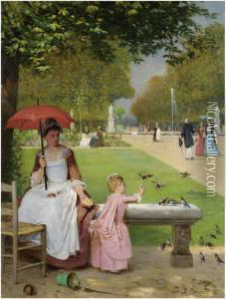 Feeding The Birds, Jardin Des Tuileries Oil Painting - Joseph Caraud