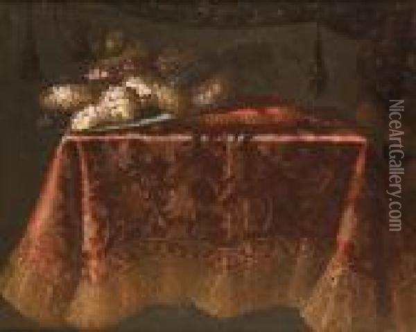 Grapes On A Silver Salver Beside
 A Cushion On A Table Draped With A Red And Gold Embroidered Cloth Oil Painting - Antonio Gianlisi The Younger