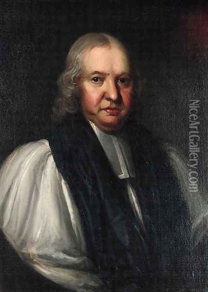 Portrait of the Bishop of Ripon, half-length, in clerical dress, feigned oval Oil Painting - William Hogarth