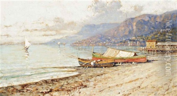 Boats On The Shore, The Amalfi Coast Oil Painting - Giuseppe Carelli