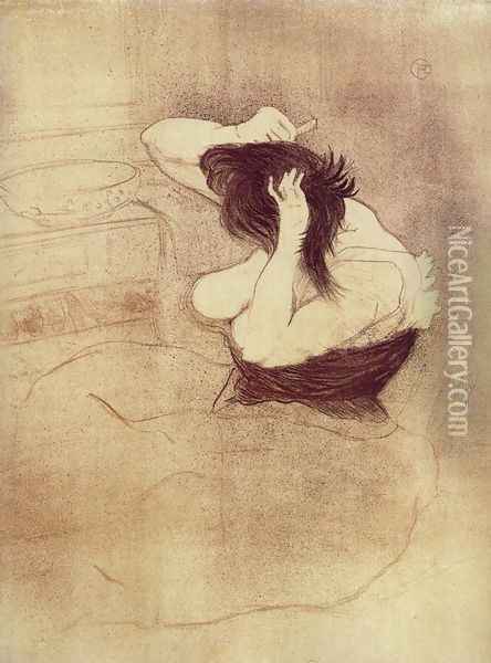 Elles: Woman Combing Her Hair Oil Painting - Henri De Toulouse-Lautrec