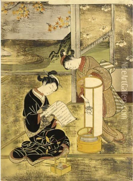 The Evening Glow Of The Lamp Oil Painting - Suzuki Harunobu