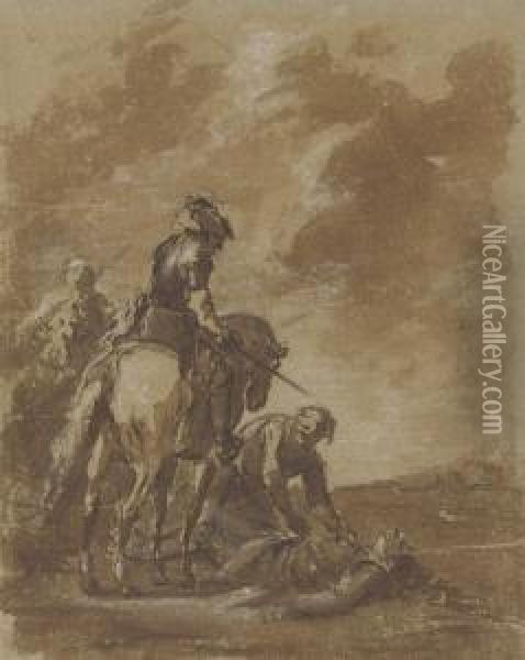 Two Figures On Horseback, With A Man Tending To A Woundedsoldier Oil Painting - Francesco Giuseppe Casanova