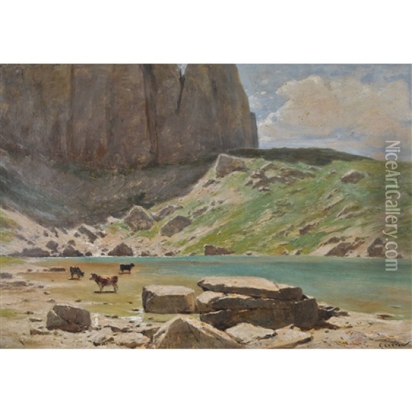 Weidende Kuhe Am Sonnigen Bergsee Oil Painting - Gustave Eugene Castan