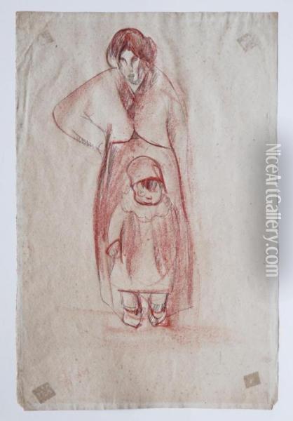 Madre Con Bambina Oil Painting - Lorenzo Viani